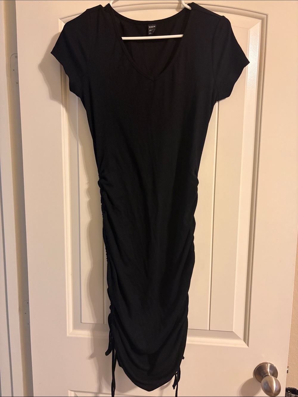 SHEIN Black Ruched Side-Tie V-Neck Midi Dress